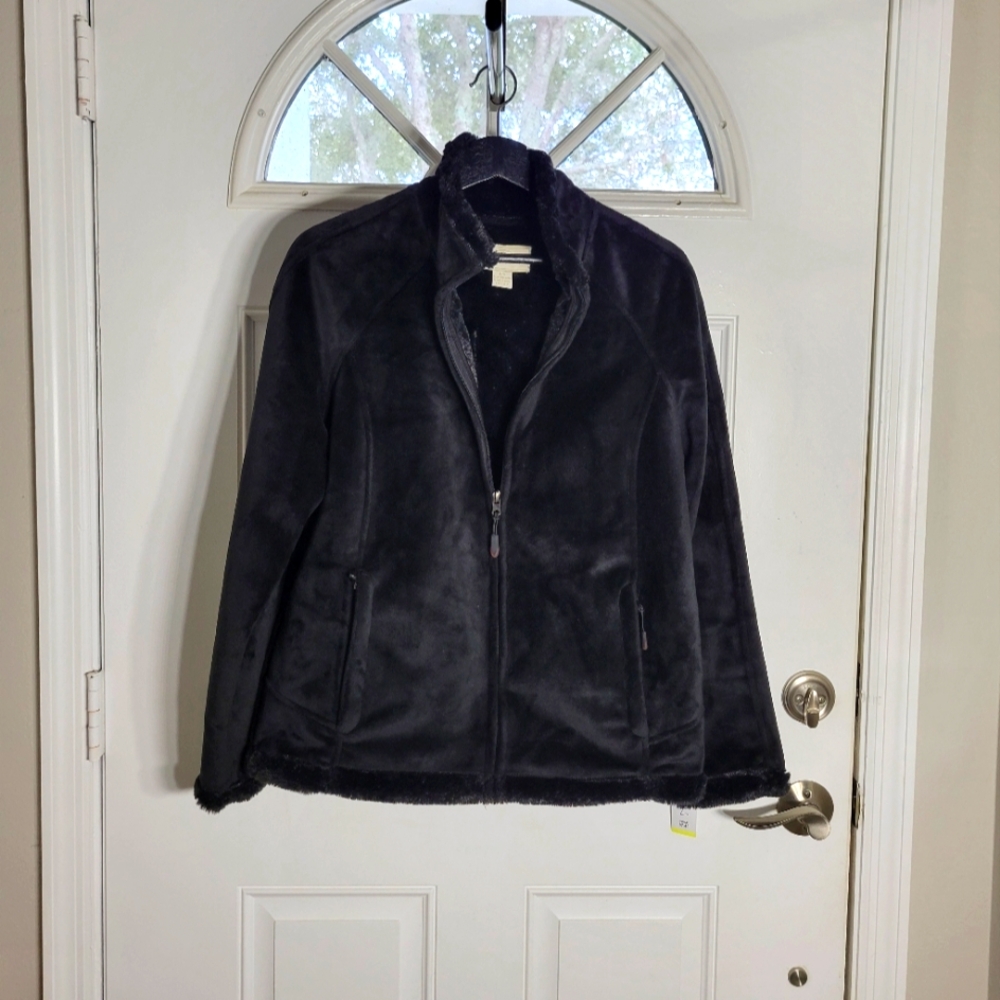 Womens Black Faux Fur Plush Zipper Front Long Sleeve Jacket Large